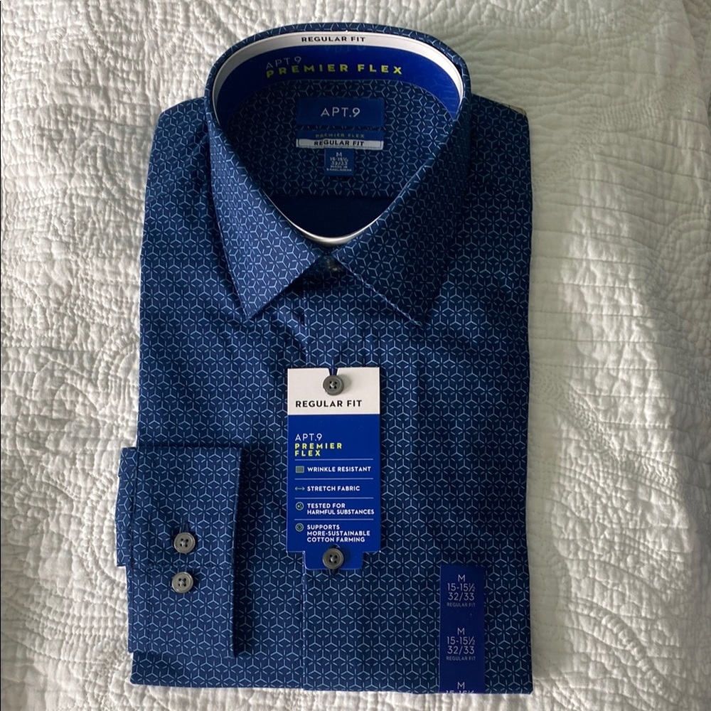 Apt. 9 Navy Blue Dress Shirt with Geometric Pattern